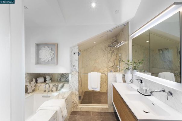 Bathroom, Dual Sink Vanities, Glass Shower, Interior, Marble Walls, Recessed Lighting