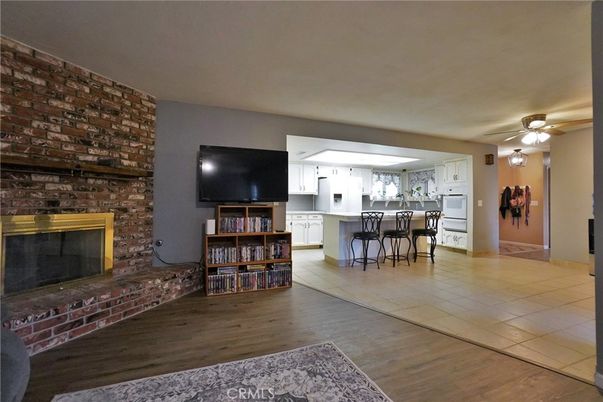 Fireplace, Interior, Kitchen, Stone Walls, Wood Texture Flooring