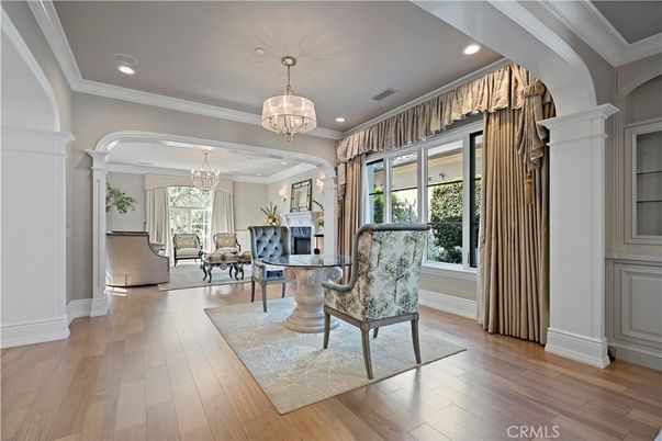 Chandelier, Fireplace, Home Office, Interior, Recessed Lighting, Wood Texture Flooring