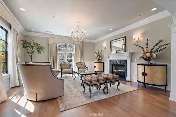 Chandelier, Fireplace, Interior, Living room, Recessed Lighting, Wood Texture Flooring