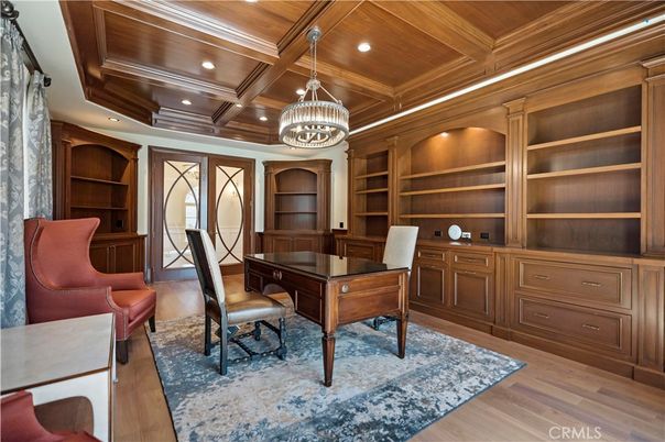 Chandelier, Home Office, Interior, Recessed Lighting, Wooden Beams, Wooden Ceilings, Wood Texture Flooring