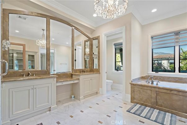 Bathroom, Chandelier, Dual Sink Vanities, Interior, Marble, Recessed Lighting