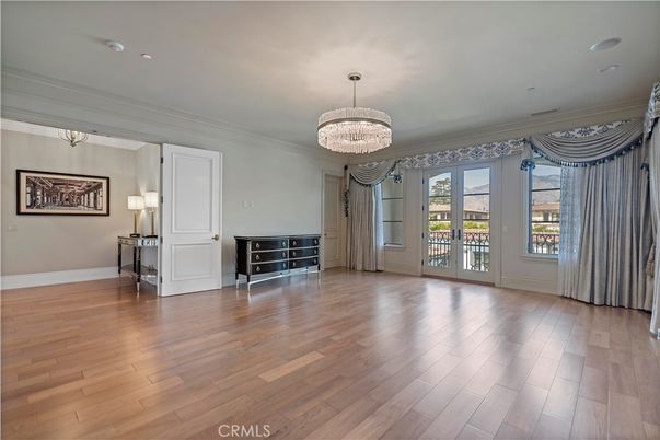 Chandelier, Empty room, Interior, Recessed Lighting, Wood Texture Flooring
