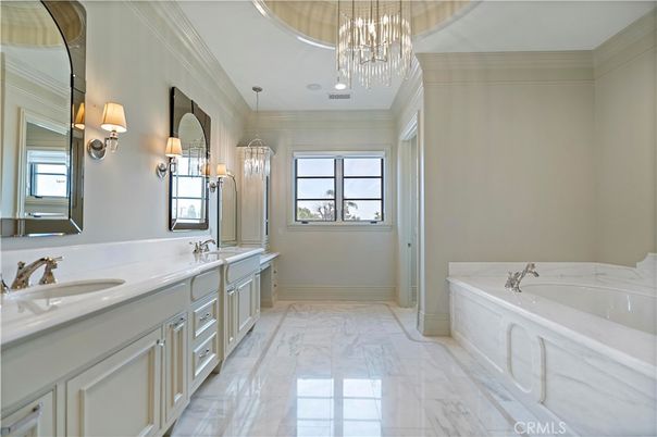 Bathroom, Chandelier, Dual Sink Vanities, Interior, Marble, Pendant Lights