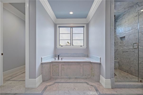 Bathroom, Glass Shower, Interior, Marble, Marble Walls, Recessed Lighting