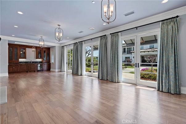 Chandelier, Empty room, Interior, Kitchen, Pendant Lights, Recessed Lighting, Wood Texture Flooring