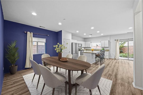 Dining room, Interior, Kitchen, Recessed Lighting, Stainless Steel Appliances, Wood Texture Flooring