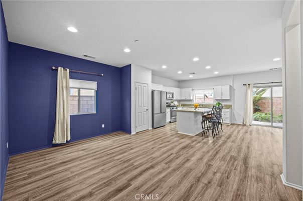 Empty room, Interior, Kitchen, Recessed Lighting, Wood Texture Flooring