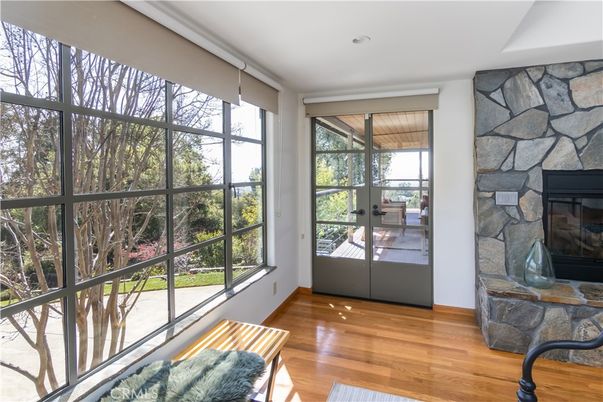 Fireplace, Interior, Recessed Lighting, Stone Walls, Wood Texture Flooring