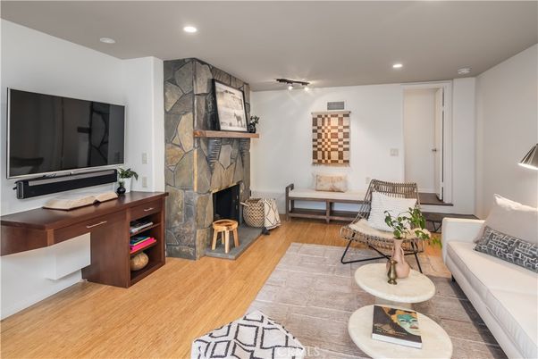 Fireplace, Interior, Living room, Recessed Lighting, Wood Texture Flooring