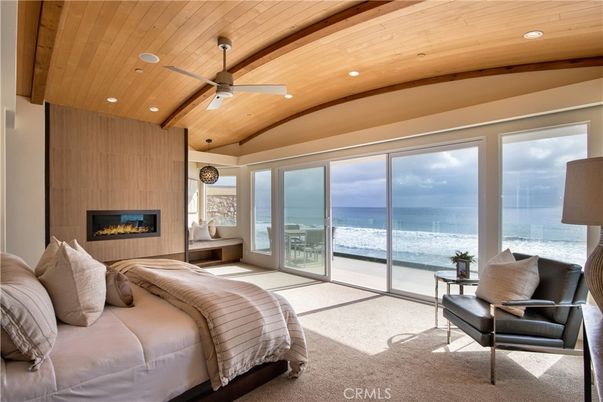 Bedroom, Fireplace, Interior, Recessed Lighting, Water, Wooden Ceilings