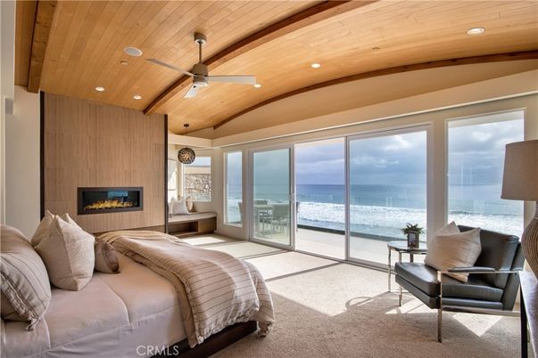 Bedroom, Fireplace, Interior, Recessed Lighting, Water, Wooden Ceilings