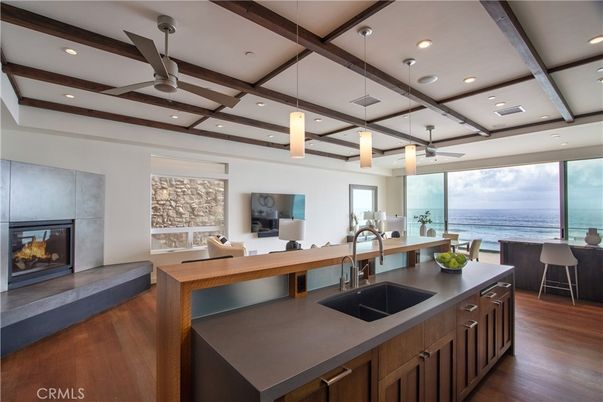 Fireplace, Interior, Kitchen, Pendant Lights, Recessed Lighting, Water, Wooden Beams, Wood Texture Flooring