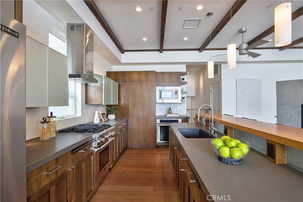 Interior, Kitchen, Recessed Lighting, Stainless Steel Appliances, Wooden Beams, Wood Texture Flooring