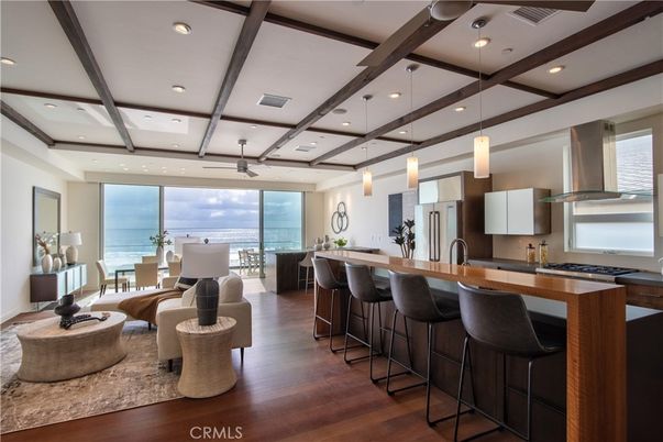 Interior, Kitchen, Living room, Pendant Lights, Recessed Lighting, Water, Wooden Beams, Wood Texture Flooring