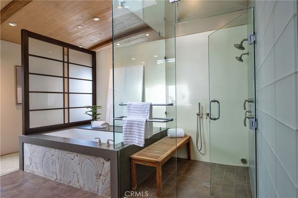 Bathroom, Glass Shower, Interior, Recessed Lighting, Wooden Ceilings