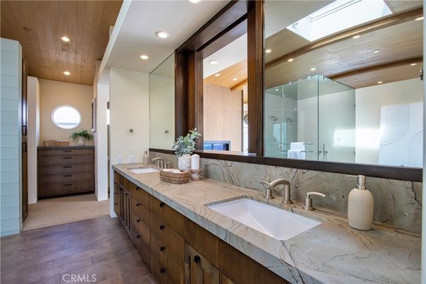 Bathroom, Dual Sink Vanities, Glass Shower, Interior, Recessed Lighting, Wooden Ceilings