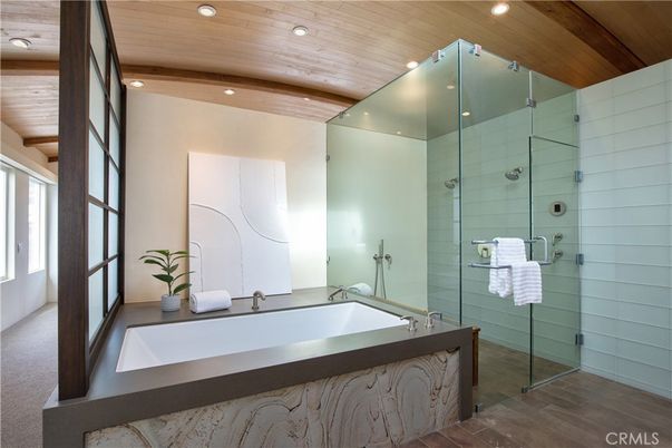 Bathroom, Glass Shower, Interior, Recessed Lighting, Wooden Ceilings