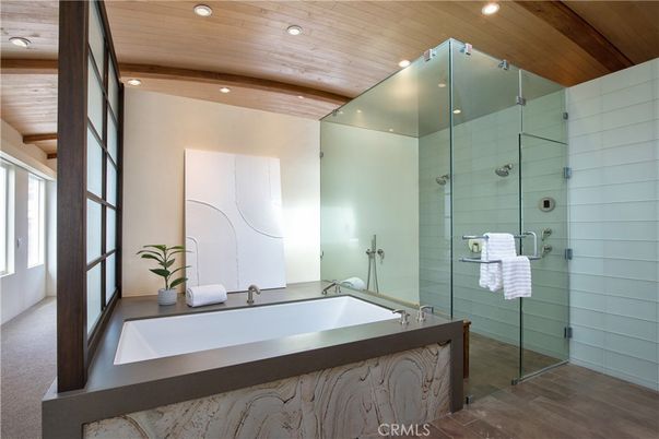 Bathroom, Glass Shower, Interior, Recessed Lighting, Wooden Ceilings