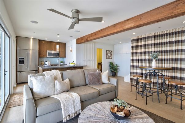 Dining room, Interior, Kitchen, Living room, Pendant Lights, Recessed Lighting, Stainless Steel Appliances, Wooden Beams, Wood Texture Flooring