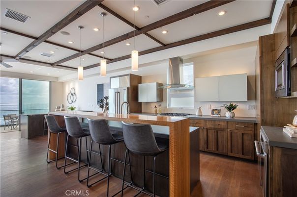 Interior, Kitchen, Pendant Lights, Recessed Lighting, Stainless Steel Appliances, Water, Wooden Beams, Wood Texture Flooring