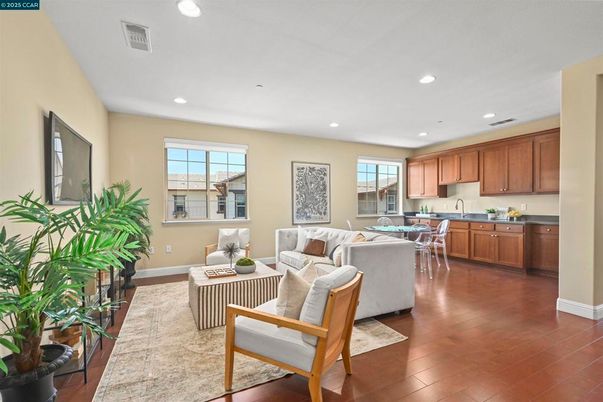 Dining room, Interior, Kitchen, Living room, Recessed Lighting, Wood Texture Flooring
