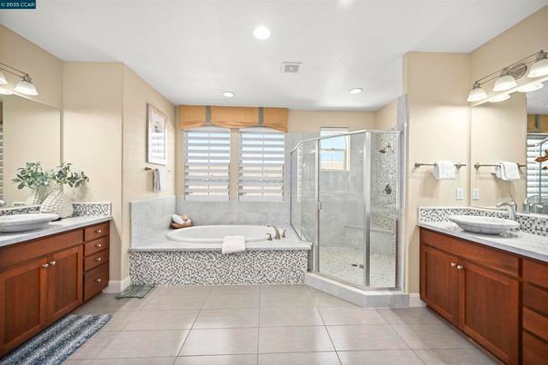 Bathroom, Dual Sink Vanities, Glass Shower, Interior, Recessed Lighting