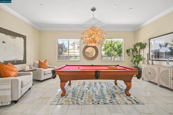 Billiard Table, Chandelier, Game Room, Interior, Recessed Lighting