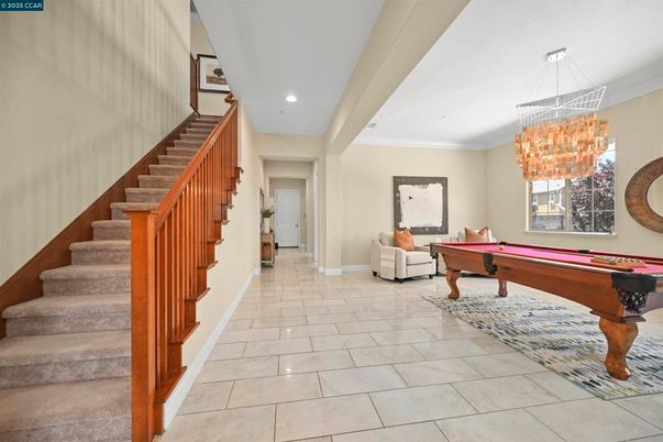 Billiard Table, Chandelier, Game Room, Interior, Recessed Lighting