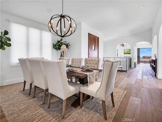 Chandelier, Dining room, Interior, Pendant Lights, Recessed Lighting, Wood Texture Flooring