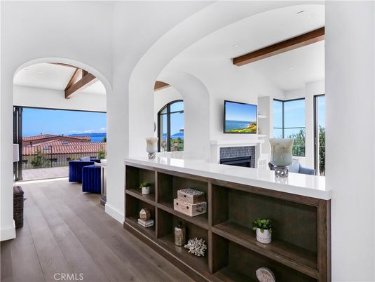 Fireplace, Interior, Recessed Lighting, Water, Wooden Beams, Wood Texture Flooring