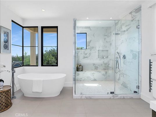 Bathroom, Free Standing Baths, Glass Shower, Interior, Marble Walls, Recessed Lighting