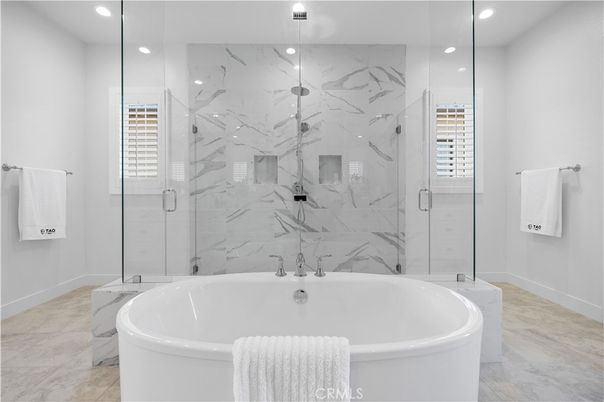Bathroom, Free Standing Baths, Glass Shower, Interior, Marble, Marble Walls, Recessed Lighting