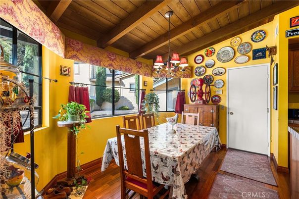 Chandelier, Dining room, Interior, Wooden Beams, Wooden Ceilings, Wood Texture Flooring