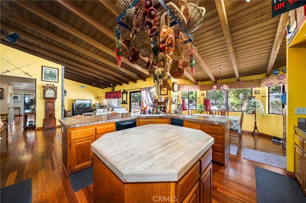 Interior, Kitchen, Tile Countertops, Wooden Beams, Wooden Ceilings, Wood Texture Flooring