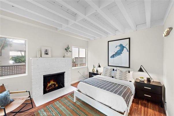 Bedroom, Fireplace, Interior, Wood Texture Flooring