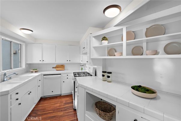 Interior, Kitchen, Tile Countertops, Wood Texture Flooring