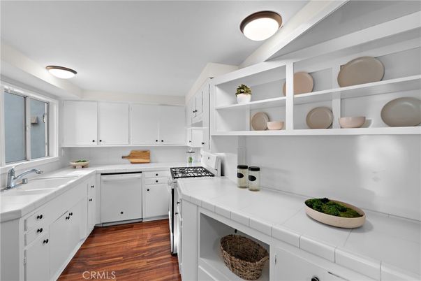 Interior, Kitchen, Tile Countertops, Wood Texture Flooring