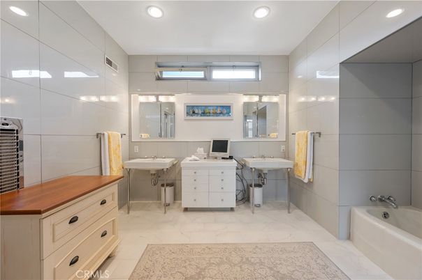 Bathroom, Dual Sink Vanities, Interior, Marble, Recessed Lighting