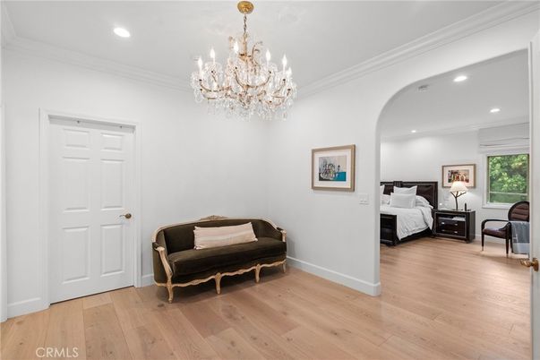 Bedroom, Chandelier, Interior, Recessed Lighting, Wood Texture Flooring
