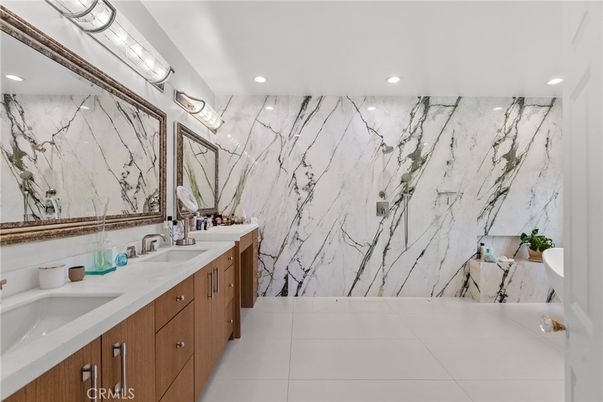 Bathroom, Dual Sink Vanities, Interior, Marble Walls, Recessed Lighting