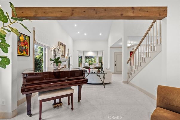 Fireplace, Interior, Living room, Piano, Recessed Lighting, Wooden Beams