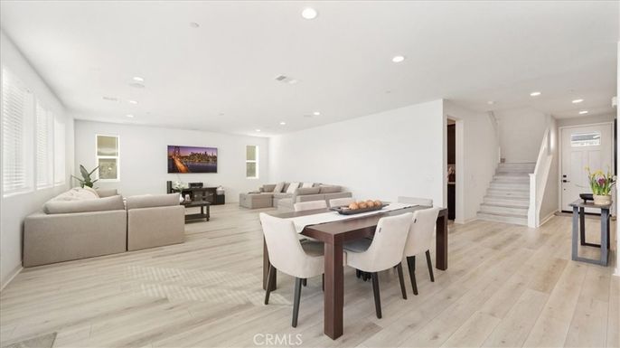 Dining room, Interior, Living room, Recessed Lighting, Wood Texture Flooring