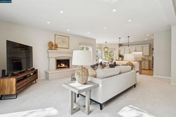 Dining room, Fireplace, Interior, Kitchen, Living room, Pendant Lights, Recessed Lighting
