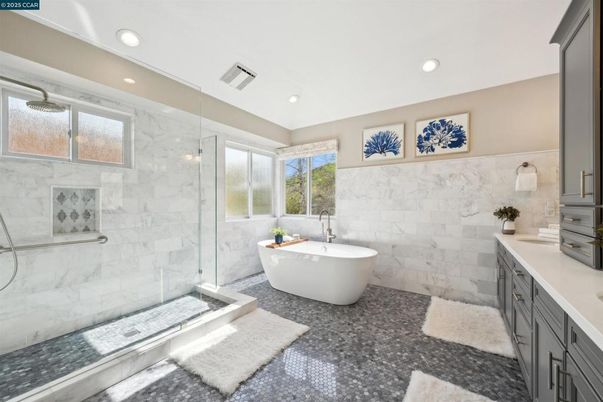 Bathroom, Free Standing Baths, Glass Shower, Interior, Marble Walls, Recessed Lighting