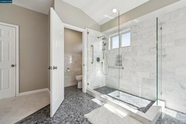 Bathroom, Glass Shower, Interior, Marble Walls, Recessed Lighting