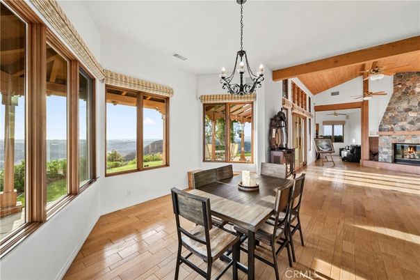 Chandelier, Dining room, Fireplace, Interior, Wooden Beams, Wooden Ceilings, Wood Texture Flooring