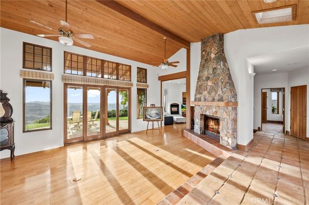 Empty room, Fireplace, Interior, Recessed Lighting, Wooden Ceilings, Wood Texture Flooring