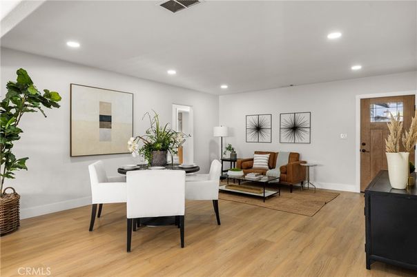 Dining room, Interior, Living room, Recessed Lighting, Wood Texture Flooring