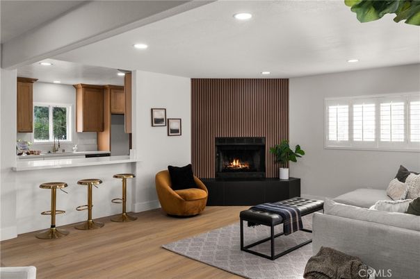 Fireplace, Interior, Living room, Recessed Lighting, Wood Texture Flooring
